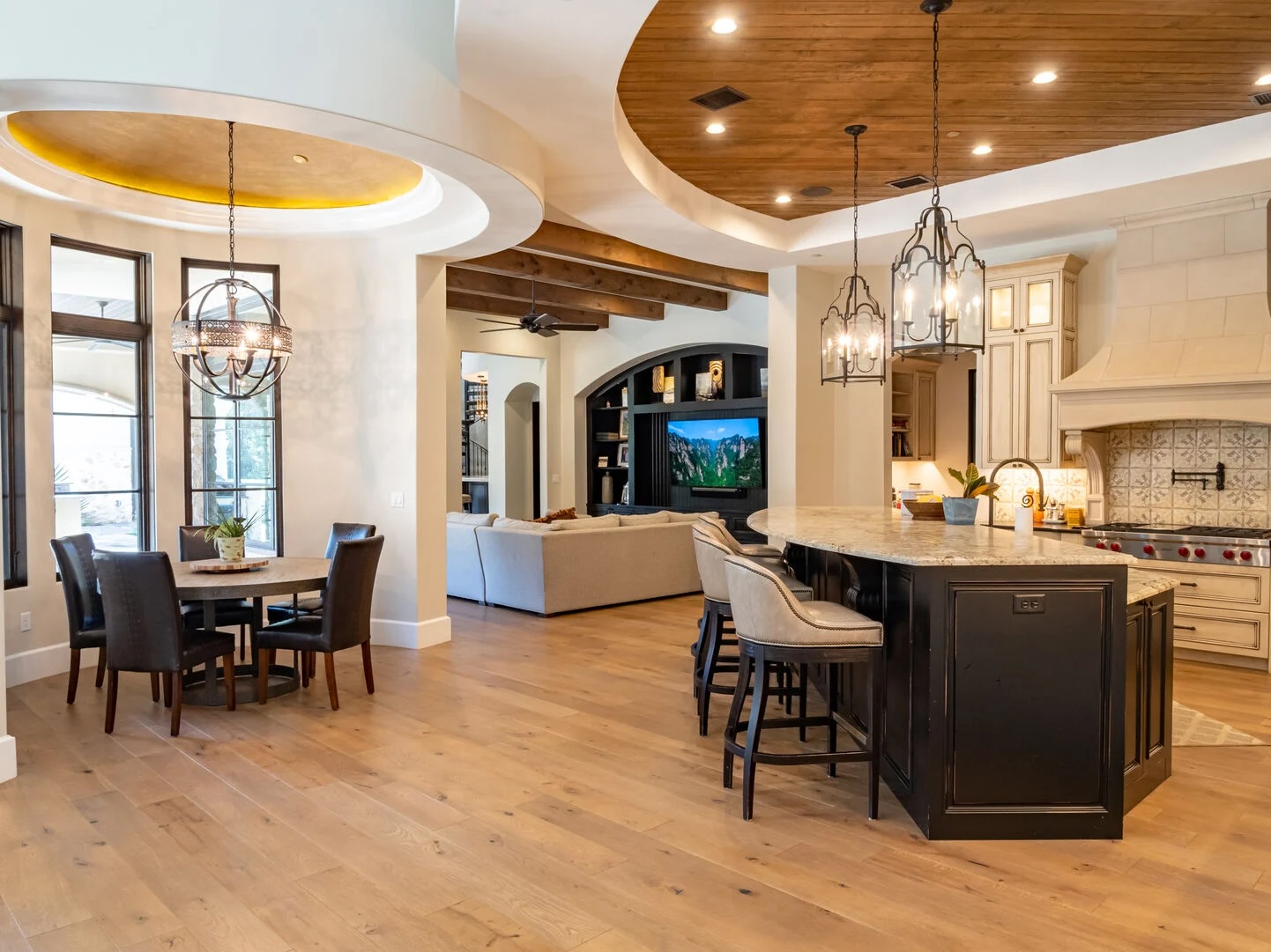 View of the kitchen, dining area, and living room at our Austin rental.
